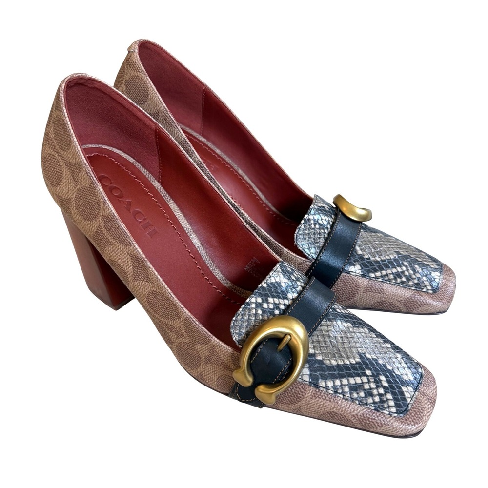 Coach Jade Block Heel Pumps Women 8.5 Leather Snakeskin Career Luxury Preppy - Picture 2 of 9